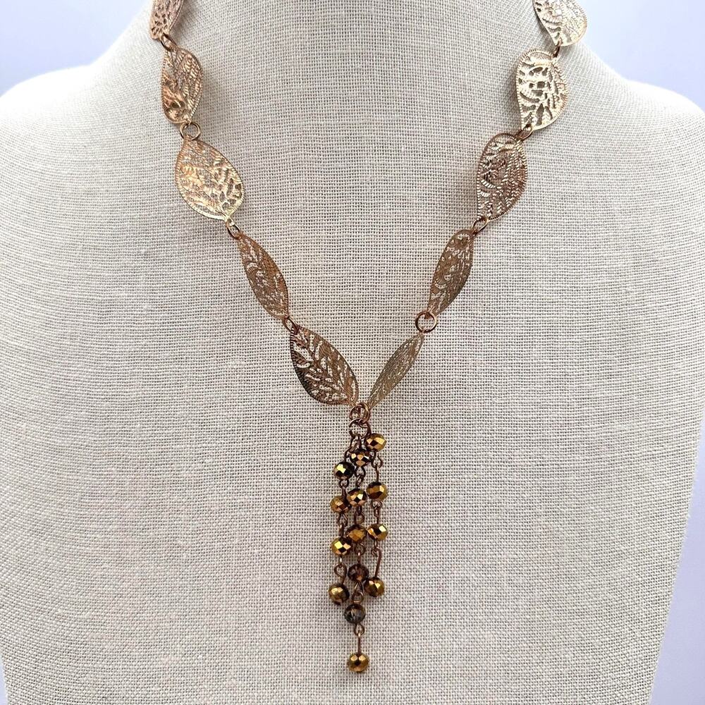 Vintage Y2K Gold Tone Filigree Leaf Necklace Boho Beaded Fringe Women's Jewelry